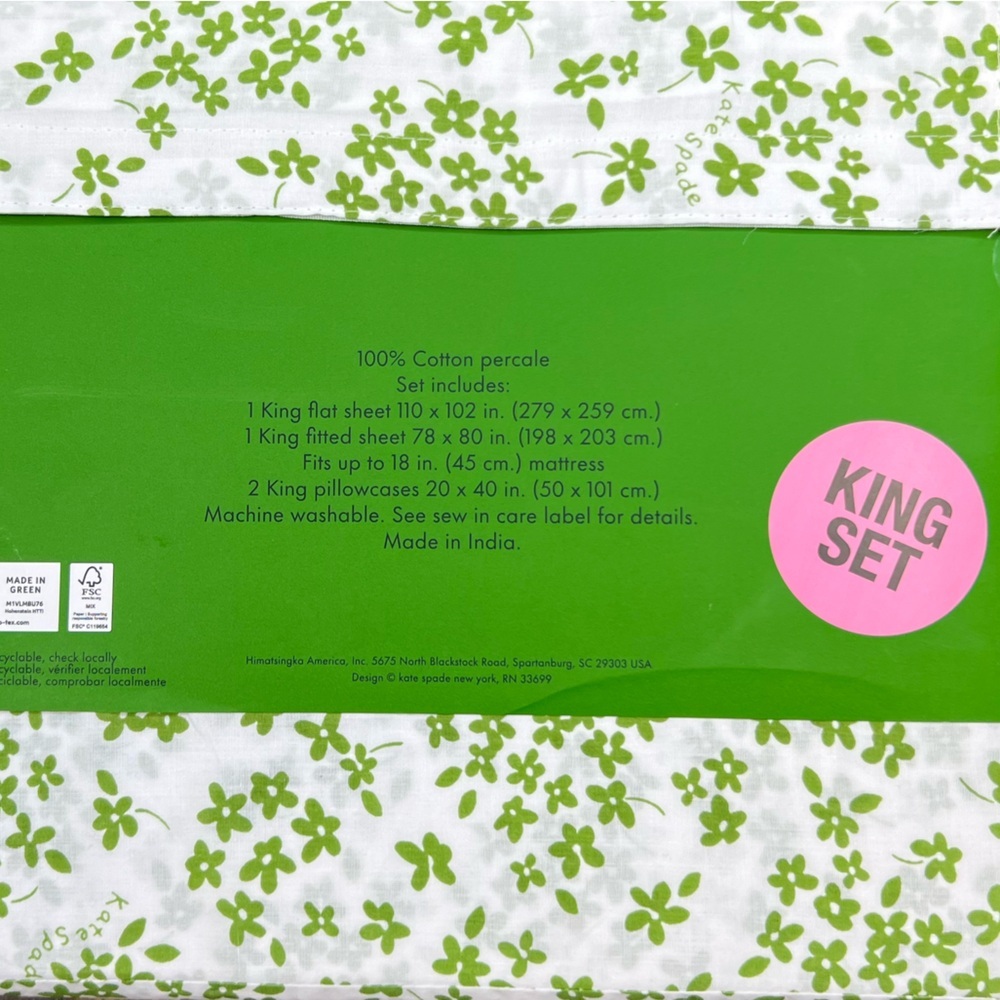Kate Spade - ‘Green Floral’ Cotton King Sheet Set. NWT Firm! Last one! - Picture 2 of 3
